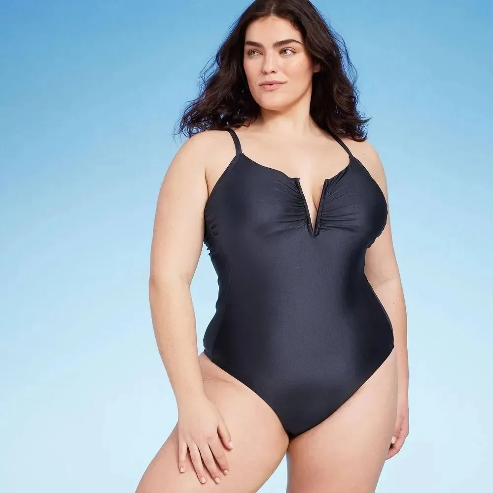 Shade‎ & Shore Women's Plus Size 18 Shirred V-Wire Plunge One Piece Swimsuit NWT
